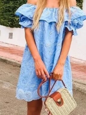 Zara Blue Embroidered Off the Shoulder Playsuit Romper 1971/063 EUC